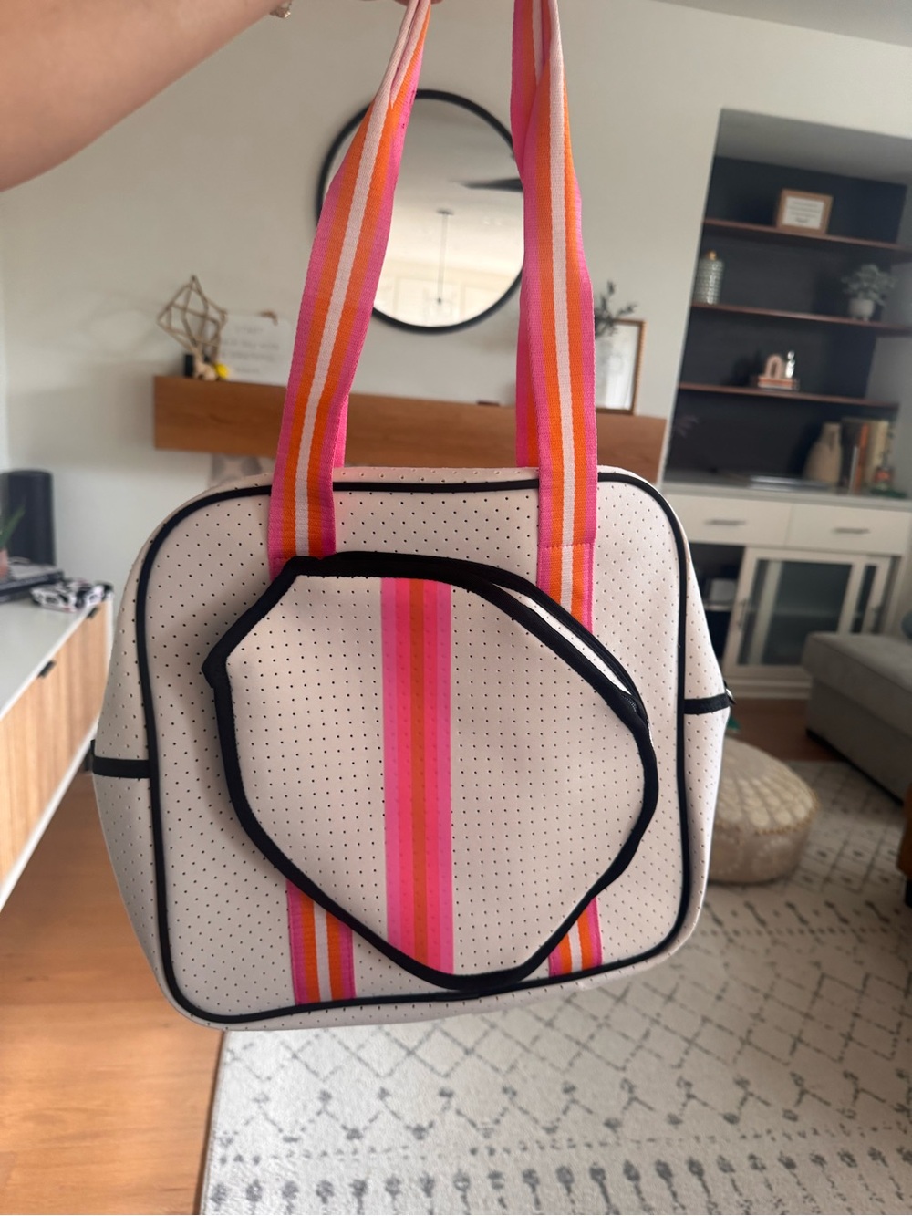 Neutral Neoprene Tote with Pink & Orange Stripe Accent- pickleball bag